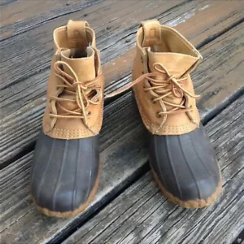 LL Bean Duck Boots Mens 5 Brown Tan Leather Lace Up Rubber Rain Shoes Galoshes